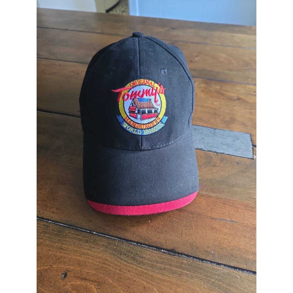 original tommys world famous hamburgers hat black red hook loop strap amc cap